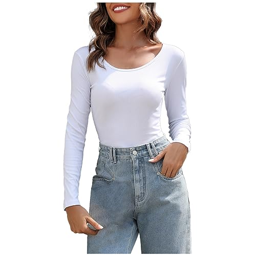 KOG Sale Damen Langarmshirt für Damen Langarm Bekleidung Einfarbige Shirt Lose Baumwolle T-Shirt Teenager Mädchen Longbluse Mode Frauen V-Ausschnitt Tunika Amazon Basics Weiß S von KOG