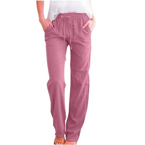 KOG Sale Damen Leinenhose Damen Cargo Hose Freizeit Leichte Sommerhose für Damen Leinen Mode Cargo Hosen Frau Jogginghose Bequem Outdoorhose Weißes Lang Wide Leg Hose Gutschein Rosa L von KOG