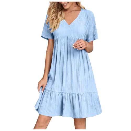 KOG Sommerkleid Damen Sommerkleider Basic Blusenkleid Einfarbig Frauen Leicht Gutschein Sommerkleidung Casual Basic Teenager Hemdkleid Strandkleid Baumwolle Brautjungfernkleider Prime Hellblau L von KOG