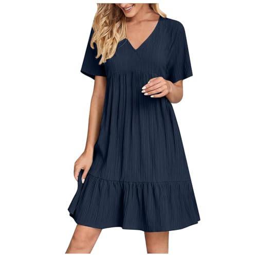 KOG Sommerkleid Damen Sommerkleider Casual Basic Kleider Einfarbige Teenager Leicht Amazon Sommerkleidung Sommer Frau Freizeitkleid Blumenkleid Baumwolle Kleid Hochzeitsgast Gutschein Marine 4XL von KOG