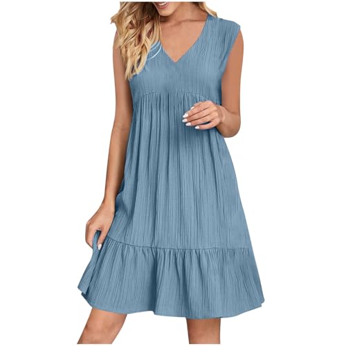 KOG Sommerkleid Sommerkleider Damen Elegant Kleid Einfarbig Leicht Bekleidung Shirtkleid Langes Frauen Tshirt Kleid Tunika Kleid Baumwolle Brautjungfernkleider Outlet Hellblau M von KOG