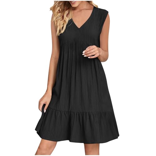 KOG Sommerkleid Sommerkleider für Damen Basic Kleid Einfarbige Frauen Elegant Oberteil Outlet Tshirt Kleid Tunika Festkleider Boho Kleidung Baumwolle Brautmutterkleider Schwarz L von KOG