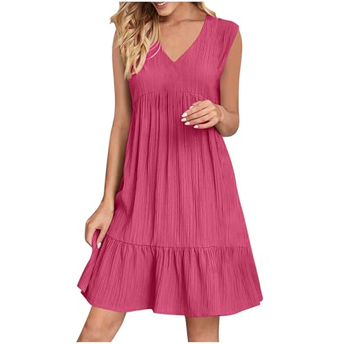 KOG Sommerkleid Sommerkleider für Damen Basic Kleider Einfarbig Frau Casual Boho-Kleid Leicht Frauen T-Shirt Kleid Umstandsmode Kleid Baumwolle Brautjungfernkleider Knalliges Pink S von KOG