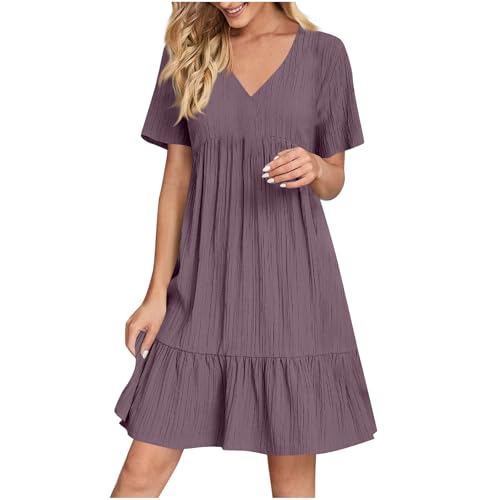 KOG Sommerkleider Damen Sommerkleid 2025 Blusenkleider Einfarbige Sommer Strandkleider Tunika Frau Boho Kleid Kleider Baumwolle Brautjungfernkleider Lila XL von KOG