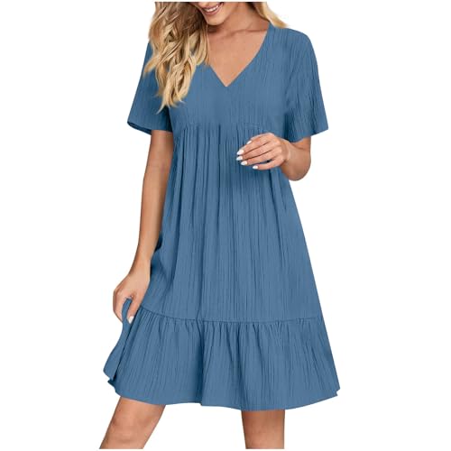 KOG Sommerkleider Damen Sommerkleid Casual Basic Blusen Kleid Einfarbig Frau Mode Tunika Kleid Kurz Kleider Baumwolle Lange Elegante Abendkleider für Hochzeiten Blau M von KOG