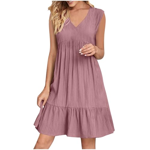 KOG Sommerkleider Damen Sommerkleid Casual Basic Blusen Kleid Einfarbig Frau Mode Tunika Kleid Kurz Kleider Baumwolle Lange Elegante Abendkleider für Hochzeiten Rosa L von KOG