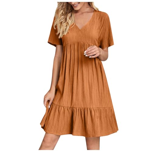 KOG Sommerkleider Damen Sommerkleid Mode Einfarbige Leicht Oberteile Strandkleider Lang Teenager Hemdblusenkleid Trauzeugin Kleid Baumwolle Kleid Hochzeitsgast Orange 3XL von KOG