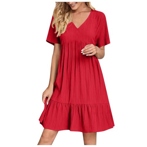 KOG Sommerkleider Damen Sommerkleid Sommer Einfarbige Frauen Leicht und Luftig Outlet Kleider Basic Frau Shirtkleid Tshirt Kleid Baumwolle Kleid Hochzeitsgast Rot 3XL von KOG