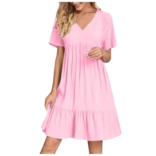 KOG Sommerkleider Sommerkleid Damen 2025 Shirtkleid Einfarbig Teenager Elegante Bekleidung Outlet Kleider Große Größen Blusen Kleid Strandkleid Baumwolle Kleid Hochzeitsgast Rosa XXL von KOG