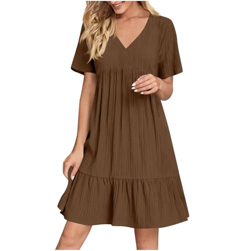 KOG Sommerkleider Sommerkleid Damen Basic Tshirt Kleid Einfarbig Frau Elegante Oberteile Kleid Langes Blusenkleid Baumwolle Kleider Hochzeitsgast Braun M von KOG