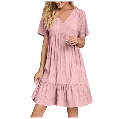 KOG Sommerkleider Sommerkleid Damen Casual Basic Hemdblusenkleid Einfarbig Frau Casual Sommerkleider Frau Blusenkleid Sommerkleidung Baumwolle Kleider für Hochzeitsgäste Outlet Rosa 3XL von KOG