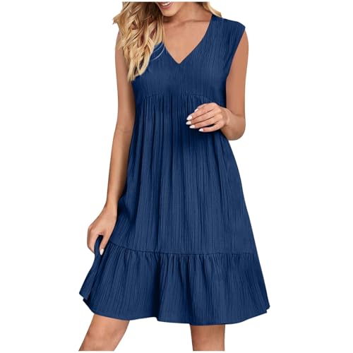 KOG Sommerkleider Sommerkleid Damen Elegant Hawaii Kleid Einfarbige Teenager Tunika Blusen Kleider Kurz Frauen Boho Kleidung Kleid Baumwolle Kleid Hochzeitsgast Blau L von KOG
