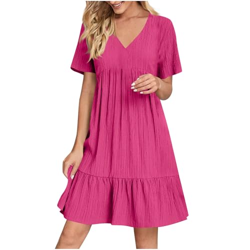 KOG Sommerkleider Sommerkleid Damen Sommer Boho Kleid Einfarbig Frauen Leicht Kleidung T-Shirt Kleid Frauen Umstandskleidung Baumwolle Kleider Hochzeitsgast Rosa M von KOG