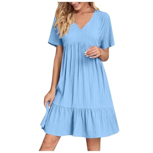 KOG Sommerkleider Sommerkleid für Damen Sommer Einfarbig Frau Vintage Tunika Kleid Leichte Teenager Blusenkleid Strandkleider Baumwolle Kleider für Gäste Zur Hochzeit Hellblau L von KOG
