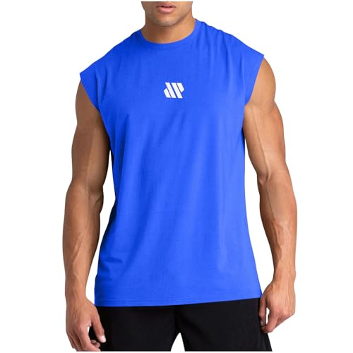 KOG Sport Tank Top Herren Tanktop Sommer Muskelshirts Ärmelloses Oberteile Einfarbig Bekleidung Training Baumwolle Weste Prime Arbeitsshirt Lose Jungen Basic Wandershirt Gutschein Blau L von KOG
