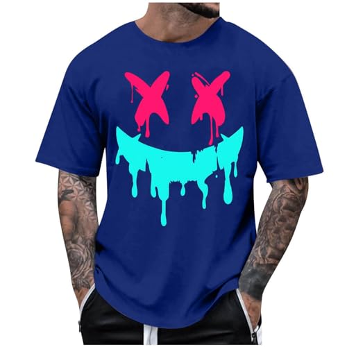 KOG T-Shirts für Herren Sommer Shirts Kurzarm T Shirt Mode Motiv Shirt Gym Baumwolle Wandershirt Jungen Oberteil Lose T Shirts Freizeit Freizeitshirt Blau L von KOG