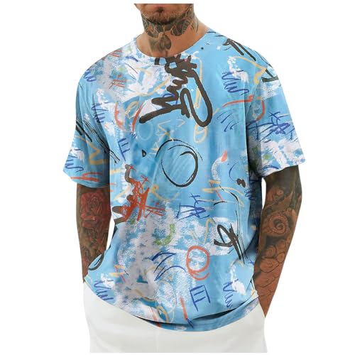 KOG T-Shirts für Herren Sommer T Shirts Kurzarm T Shirt Grafik Freizeit Baumwolle Wandershirt Männer Freizeitshirt Vintage Oberteile Teenager Lässig Tops Hellblau L von KOG