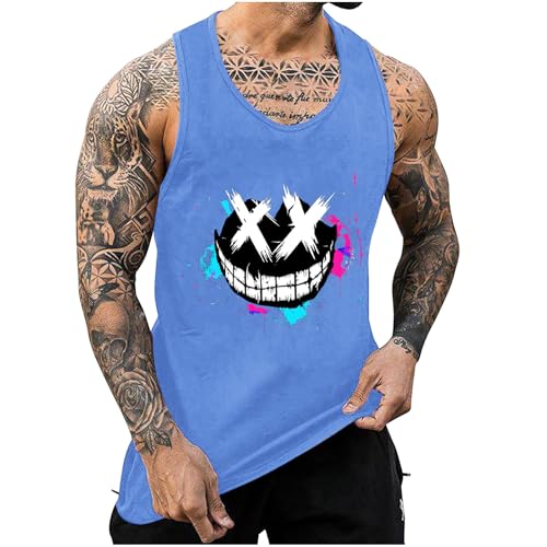 KOG Tank Top Herren Sport Tanktop Sommer Muskelshirt Ärmelloses Streetwear Grafik Wandershirt Baumwolle Oberteile Junge Unterhemd Fashion Männer Lässig Shirt Blau 3XL von KOG