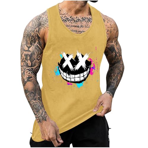 KOG Tank Top Herren Sport Tanktop Sommer Muskelshirt Ärmelloses Tshirts Mode Motiv Baumwolle Oberteil Jungen Unterhemd Casual Wandershirt 2025 Kleidung Gelb 4XL von KOG