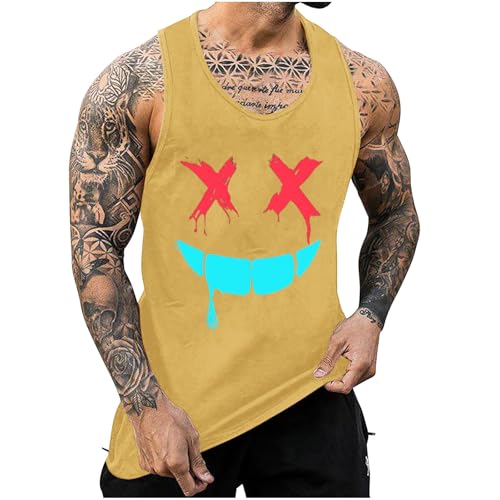 KOG Tank Top Herren Sport Tanktop Sommer Muskelshirt Ärmelloses Wandershirt Grafik Casual Baumwolle Sportshirt Jungen Kleidung 2025 T-Shirts Fitness Top Gelb XL von KOG