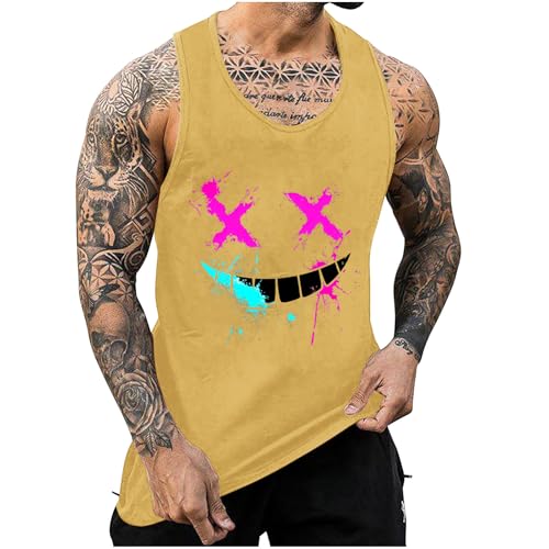 KOG Tank Top Herren Sport Tanktop Sommer Sportshirt Ärmelloses Muskelshirt Grafik Arbeitsshirt Loose Fit Baumwolle Bekleidung Jungen Shirts Gym Kleidung Mode Top Gelb L von KOG