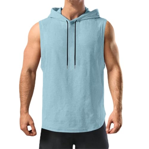 KOG Tank Top Herren mit Kapuze Sport Tanktop Sommer Sportshirt Ärmelloses Tshirt Einfarbige Kleidung Training Baumwolle Oberteil Prime Gym Tops Junge Unterhemd Gutscheine Blau XL von KOG