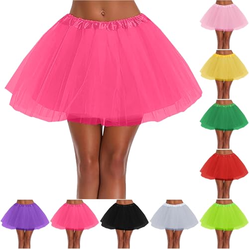 KOG Tüllrock Damen Tutu Rock 50Er Rockabilly Petticoat Karneval Kostüm Glitzer Festival Outfit Ballkleid Ballettrock Cosplay Festliche Minirock Partykleid Unterrock Tanzrock Tanzkleid Heißes Rosa von KOG