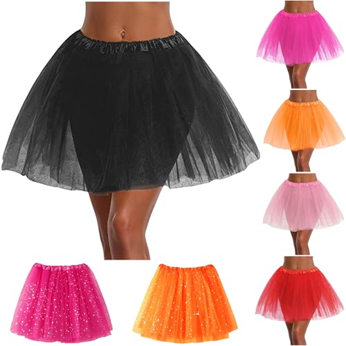 KOG Tüllrock Damen Tutu Rock 50Er Rockabilly Petticoat Karneval Kostüm Glitzer Festival Outfit Partykleid Unterrock Tanzrock Tanzkleid Ballkleid Abendkleid Ballettrock Festliche Minirock Schwarz von KOG