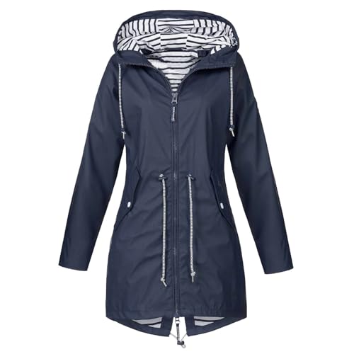 KOG Übergangsjacke Damen Regenjacke Wasserdicht Regenmantel Windbreaker mit Kapuze Fahrradjacke Regencape Regenjacken Windjacke Wanderjacke Outdoor Jacken Marine 4XL von KOG