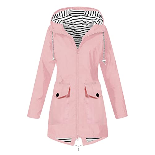 KOG Übergangsjacke Damen Regenjacke Wasserdicht Regenmantel Windbreaker mit Kapuze Fahrradjacke Regencape Regenjacken Windjacke Wanderjacke Outdoor Jacken Rosa 5XL von KOG