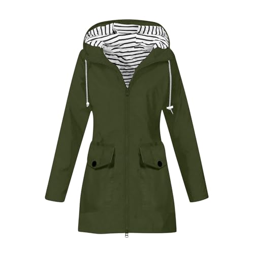 KOG Übergangsjacke Damen Regenjacke Wasserdicht Regenmantel Windbreaker mit Kapuze Fahrradjacke Regencape Regenjacken Windjacke Wanderjacke Outdoor Jacken Armeegrün XL von KOG