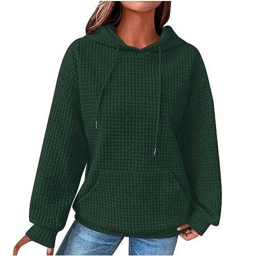 KOG Waffel Hoodie Damen Baumwolle Hooded Sweatshirt Einfarbig Kapuzenpullover Casual Oberteil Frau Bekleidung Freizeit Mode Teenager Mädchen Oversized Kleidung Sale Angebote Armeegrün XXL von KOG
