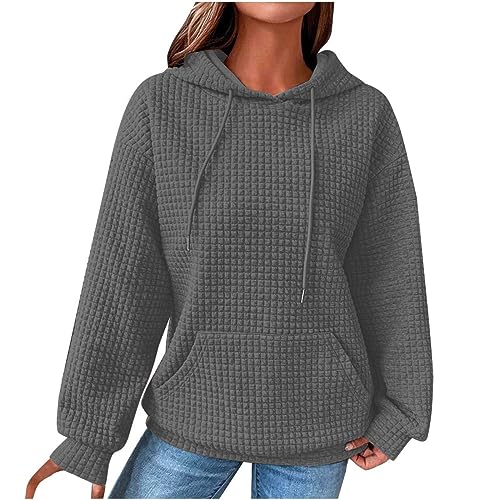 KOG Waffel Hoodie Damen Baumwolle Kapuzenpullover Einfarbig Sweatshirt mit Kapuze Warm Hooded Sweatshirt Oberteil Warmes Hoodies Freizeit Frauen Große Größen Kleidung Gutscheine Dunkelgrau S von KOG