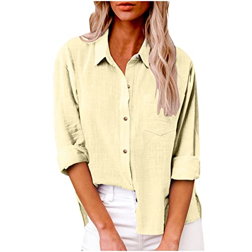 KOG Warehouse Deal Bluse Damen Langarm Hemd Oberteile Einfarbige Blusen Mode Leinenhemd Kleidung Frau Oversized Einfarbig Longbluse Teenager Mädchen Freizeit Blusenshirt Prime Gelb S von KOG