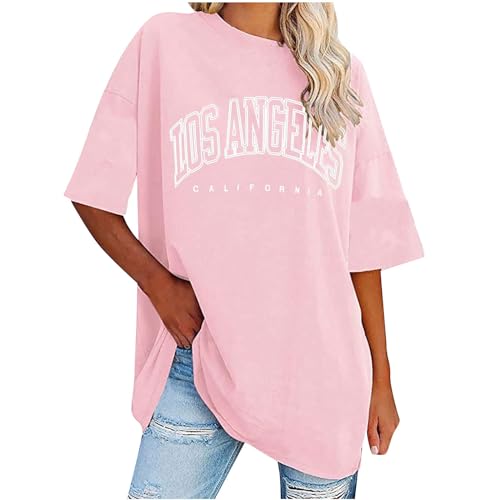 KOG Warehouse Deal Damen Shirt Elegant Drucken Longshirt Basic Kurzarm Tshirts Frau Oberteil Oversized Tie-Dye Tunika Rundhals Freizeit T-Shirt Meine Bestellungen Anzeigen Rosa 5XL von KOG