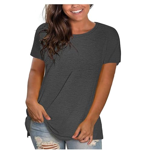 KOG Warehouse Deal Damen T-Shirts Elegante Einfarbig Kleidung Lose Kurzarm Tunika Blusen Sommer Grafik Top Teenager Baumwolle Große Größen Bekleidung Damen Tshirt Sale Grau L von KOG