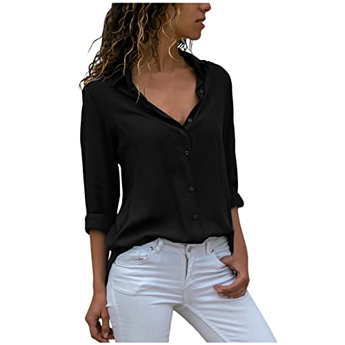 KOG Warehouse Deal Langarmshirt für Damen Langarm Oberteile Einfarbig Tshirt Retro Baumwolle Tuniken Frau Tunika Elegant Einfarbige T-Shirt V-Ausschnitt Mode Blusen Outlet Amazon Schwarz XXL von KOG