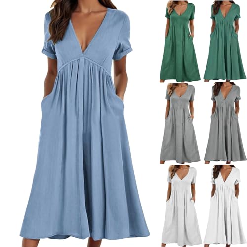 KOG Warehouse Deal Sommerkleid Sommerkleider Damen Basic Einfarbig Casual Kleidung Tunika Kleid Schwarzes Frauen Kleider Umstandskleid Baumwolle Abendkleid Hochzeit Amazon Basics Hellblau XXL von KOG