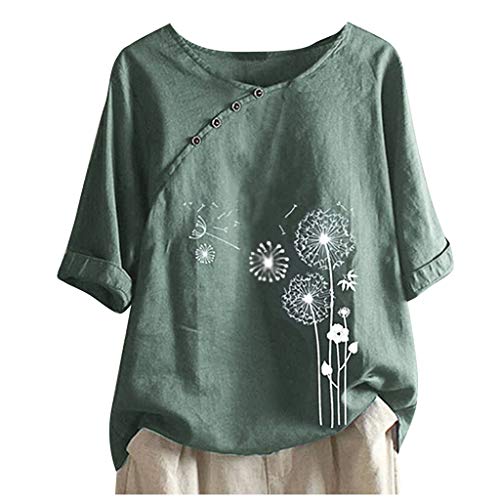 KOG Damen Tshirt Elegant Leinen Bluse Freizeit Baumwolle Tunika Teenager Oberteile Basic Mode Motiv Blusen Frau Rundhals Slim Fit Blusen & Tuniken Grün 4XL von KOG