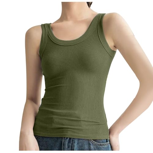 KOG Warehouse Deals Angebote Fashion Unterhemden Tank Top Vintage Ärmellos Oberteile Teenager Bluse Oversize Unterhemden Longshirt Rundhals Große Größen T-Shirts Amazon Gutschein Armeegrün L von KOG