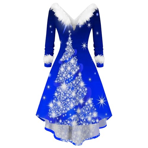 KOG Weihnachtskleid Damen Elegant Langarm Weihnachtskleider Damen Blusenkleid Damen Ballkleid Kleid Frauen Vintage Kleider Christmas Dresses Festlich Festival Meine Bestellungen Anzeigen Blau 5XL von KOG