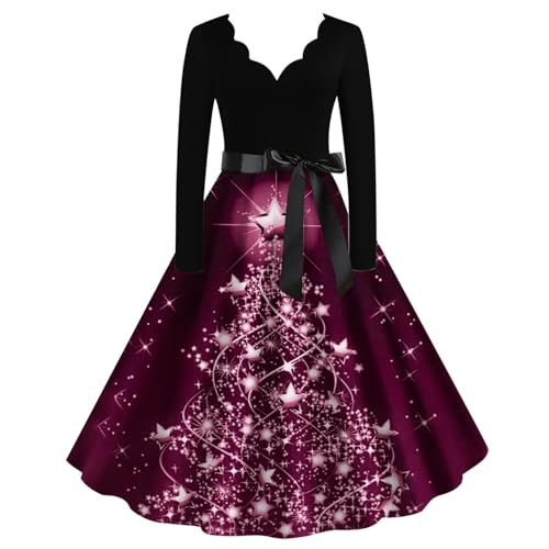 KOG Weihnachtskleid Damen Vintage Langarm Weihnachtskleider Damen Rotes Kleid Damen Abendkleid Elegant Frauen Kleider Christmas Dresses Festlich Festival Meine Bestellungen Anzeigen Lila M von KOG