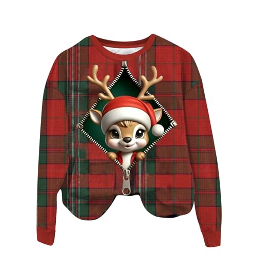 KOG Weihnachtspullover Damen Lustige 3D Print Sweatshirt Weihnachtsoutfit Langarmshirt Weihnachtsshirt Christmas Shirt Weihnachts Pyjama Pullover Xmas Oberteile Weihnachten Bluse Rot M von KOG