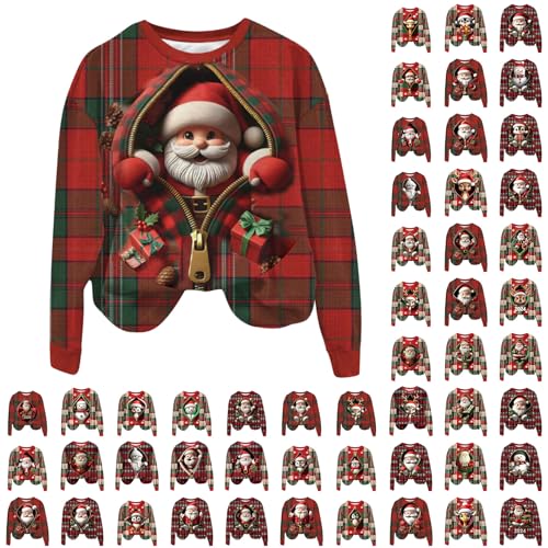 KOG Weihnachtspullover Damen Lustige 3D Print Sweatshirt Weihnachtsoutfit Langarmshirt Weihnachtsshirt Christmas Shirt Weihnachts Pyjama Pullover Xmas Oberteile Weihnachten Bluse Rot XXL von KOG