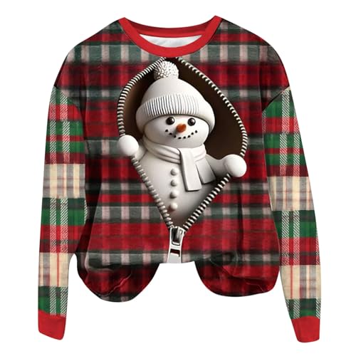 KOG Weihnachtspullover Damen Lustige 3D Print Sweatshirt Weihnachtsoutfit Langarmshirt Weihnachtsshirt Christmas Shirt Weihnachts Pyjama Pullover Xmas Oberteile Weihnachten Bluse Rot XXL von KOG