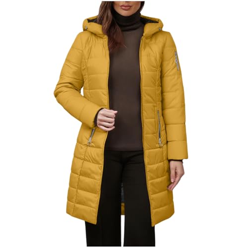 KOG Winterjacke Damen Baumwolle Daunenjacken Elegant Puffer Jacke Dufflecoat Oberteile übergangsjacken Mode Strickjacke Warmes Kapuzenjacke Frau Fleecemantel Laufjacke Vliesjacke Gelb XL von KOG