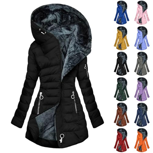 KOG Winterjacke Damen Baumwolle Daunenjacken Warmes Wintermantel Trainingsjacke Parka Oberteil Frauen Casual Hemdjacke Elegant Kapuzenpullover Softshelljacke Wanderjacke Fleecejacke Schwarz L von KOG