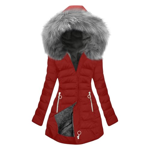 KOG Winterjacke Damen Daunenjacke Warme Dufflecoat Baumwolle Sport Jacke Einfarbig Oberteil Retro Windjacke Mode Hoodie Jacke Teenager Mädchen Teddyjacke Rot M von KOG