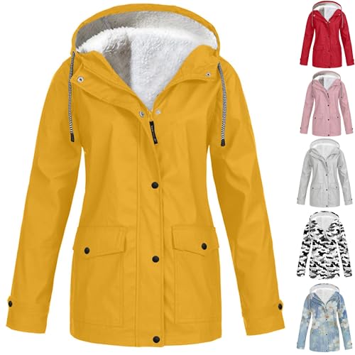 KOG Winterjacke Damen Fleecejacke Wasserdicht Regenjacke Regenmantel Windbreaker mit Kapuze Warme Outdoor Jacken Fahrradjacke Regenjacken Windjacke Wanderjacke Gelb 4XL von KOG