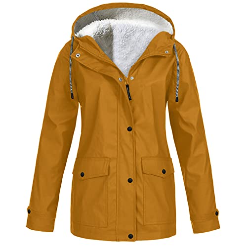 KOG Winterjacke Damen Fleecejacke Wasserdicht Regenjacke Regenmantel Windbreaker mit Kapuze Warme Outdoor Jacken Fahrradjacke Regenjacken Windjacke Wanderjacke Khaki L von KOG